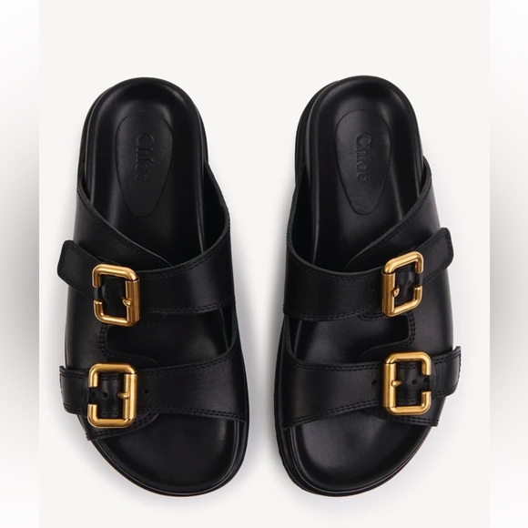 Chloe Nil Double-Strap Cowhide Mules In Black Color Size 38.